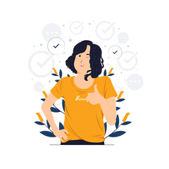 Smiling girl wearing casual clothes cartoon character standing and showing thumbs up positive gesture