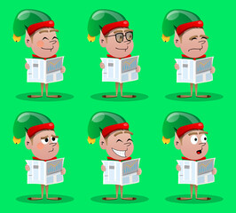 Christmas Elf reading newspaper. Vector cartoon character illustration of Santa Claus's little worker, helper.