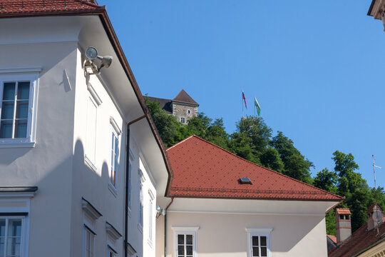 Outlook tower, also called viewing tower or Razgledni stolp, in the Ljubljana castle seen from the old town. The fortress is one of the symbols of Ljubljana, capital city of Slovenia......
