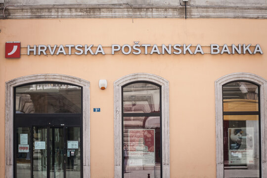 ZAGREB, CROATIA - JUNE 17: 2021: Hrvatska Postanska Banka logo on their Zagreb office. HPB Hrvatska Postanska banka is a Croatian retail and commercial bank from Croatian Post...