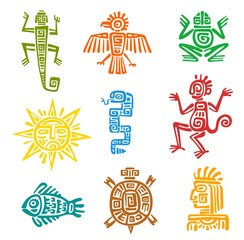 Mayan aztec totem with isolated vector symbols of animals and birds. Ancient Mexican tribal eagle, snake, turtle and lizard, aztec god, pyramid, sun and monkey, fish, frog, raven with ethnic pattern - obrazy, fototapety, plakaty