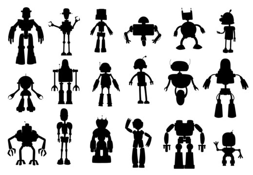 Robots and droids silhouettes, black vector cyborgs. Artificial intelligence androids and humanoids with arms, legs, antennas and wheels. Smart ai bots technology, machines isolated objects set