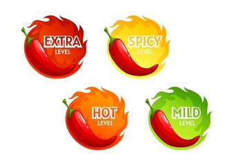 Hot spicy level labels of pepper chili in food, vector icons of mild, medium and extra hot spicy taste scale. Mexican cuisine menu labels with chili pepper salsa or jalapeno and Tabasco ketchup sauce