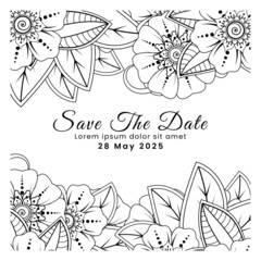 Save the date with mehndi flower. decoration in ethnic oriental, doodle ornament.