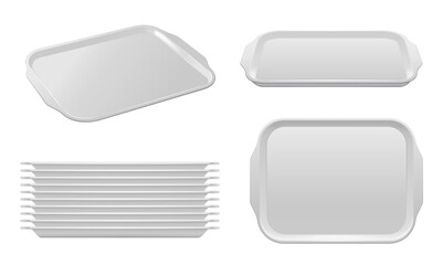 Isolated food plastic tray vector mockup of white blank fast food trays with handles. Pile of empty realistic containers, plate or rectangle platter for meal serving, canteen or restaurant trays