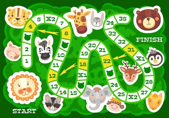 Kids board game funny african and forest animals. Vector step boardgame with numbered block path and cartoon characters. Zebra, giraffe, raccoon and hare, bear, lion or elephant with pig, baby riddle