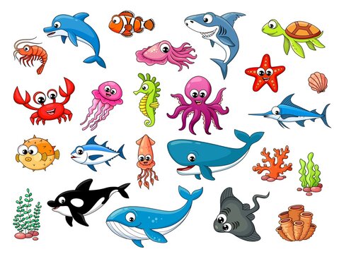 Cartoon underwater animals characters, vector fishes of ocean or sea. Funny undersea fishes and coral reef or aquarium creature, octopus and starfish with dolphin, shark and jellyfish with turtle