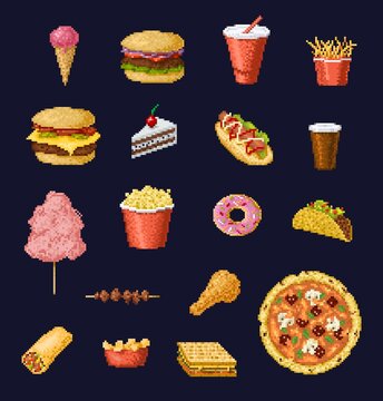 8 bit pixel art fast food and drinks vector icons of retro video game set. Pixelated pizza, burger and sandwich, hamburger, coffee, hot dog, chicken leg and cake, taco, donut, fries, soda or ice cream