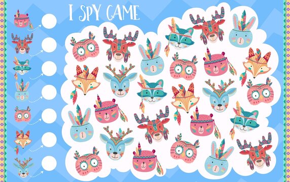 Cartoon Indian animals, kids I spy riddle game, vector find and match board game. Kids tabletop puzzle or I spy game with Indian tribal boho fox, raccoon and elk or deer, bunny rabbit and owl bird