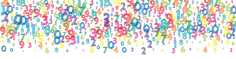Falling colorful orderly numbers. Math study concept with flying digits. Ecstatic back to school mathematics banner on white background. Falling numbers vector illustration.