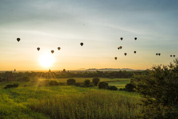 Bagan, Myanmar - view of a ballon ride thats goes every morning in Bagan 