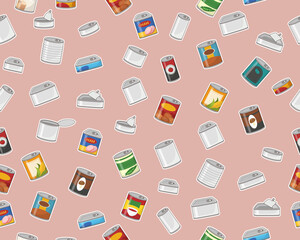 Vector flat seamless texture pattern Canned food.