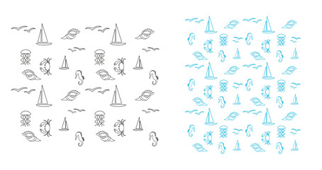 Fototapeta na wymiar Sea pattern - seagulls, crab, sailboat, jellyfish, seahorse