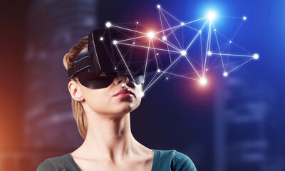 Close-up portrait of a young woman. Uses VR technology