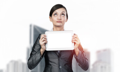 Businesswoman holding tablet computer layout