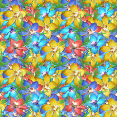 Delphinium, larkspur. Illustration, texture of flowers. Seamless pattern for continuous replication. Floral background, photo collage for textile, cotton fabric. For use in wallpaper, covers.