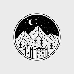illustration of a castle in the mountains at night in mono line art, patch badge design, emblem design, T-Shirt Design