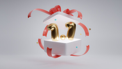 Open gift box with red ribbon on pink background. Number 1.1 pop up from inside the box. 3d illustration