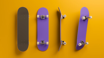 Collection clean skateboard complete set mockup on yellow background. 3d illustration. - obrazy, fototapety, plakaty