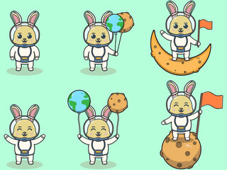 Naklejka premium Vector Illustration of Cute Rabbit with an astronaut costume. Funny Rabbit Wearing Astronaut Costumes or Spacesuit Vector Set. Flat Cartoon Style.