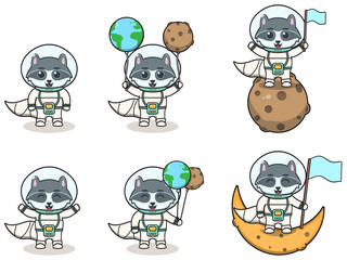 Vector Illustration of Cute Raccoon with an astronaut costume. Funny Raccoon Wearing Astronaut Costumes or Spacesuit Vector Set. Flat Cartoon Style.