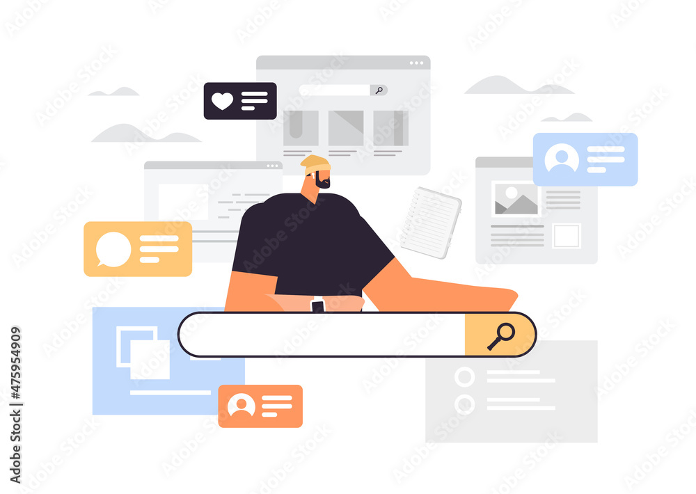 Poster businessman using web browser man searching information web page data analyzing online network searc