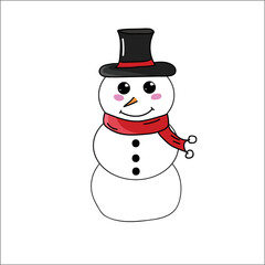 Super cute snowman on christmas day with red scarf, black hat and white background
