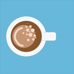 Cartoon cup of coffee with coffee froth on top, white glass and blue background