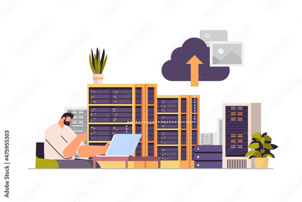 Poster man working in data center technical room hosting server database concept horizontal portrait