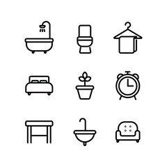 the editable stroke line of pictogram set related to home furniture stuff. bedroom or hotel stuff. the icon collection for web interface and other designs in simple outline.