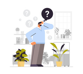 frustrated businessman with question mark looking for assistance help thinking inquiry concept