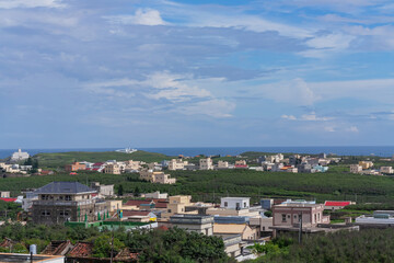 High angle view of the Cimei Lighthouse with some residence