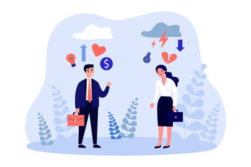 Comparison between happy and sad business people. Man with money and ideas, woman in despair flat vector illustration. Success and failure concept for banner, website design or landing web page