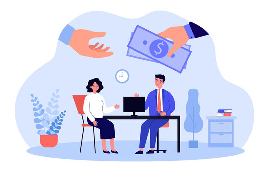 Hand giving money bribe to businessman in corrupt company. Man and woman sitting at office table flat vector illustration. Bribery, corruption concept for banner, website design or landing web page