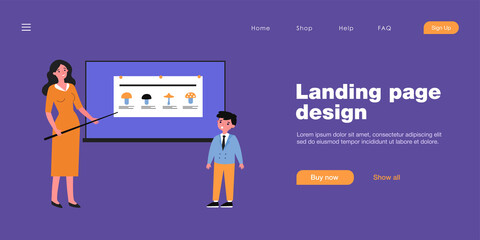 Female teacher showing dangerous mushrooms to boy. Chalkboard, school, toadstool flat vector illustration. Education and study concept for banner, website design or landing web page