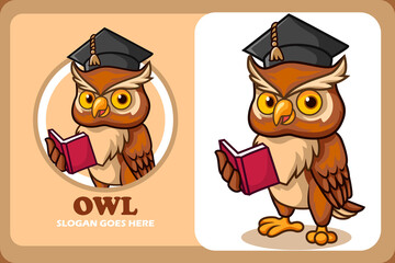 Cartoon owl with graduation cap reading a book