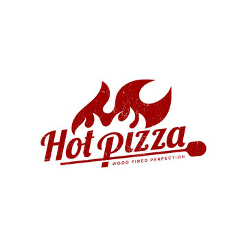 Hot Pizza cafe logo, pizza icon, emblem for fast food restaurant. Vector hand lettering pizza logo on white background