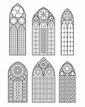 Gothic windows outline set. Silhouette of vintage stained glass church frames. Element of traditional european architecture. Vector