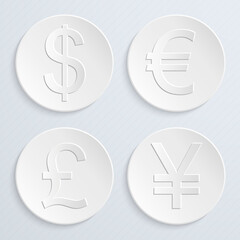 White currency symbol icons collection set. Dollar, euro, pound, yen. Vector illustration.