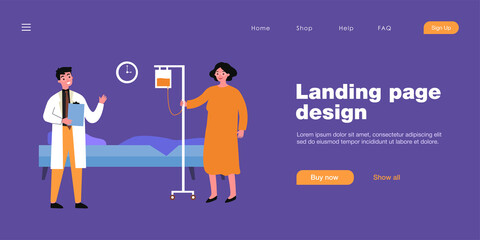 Young doctor and old woman in hospital. Flat vector illustration. Medical worker visiting patient, giving recommendations, doing medical inspection. Medical help, health, treatment, hospital concept