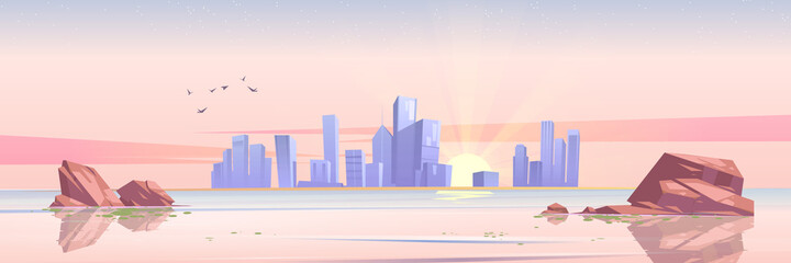 Fototapeta premium Lake or river with stones in water, city buildings and sun on horizon at sunrise. Vector cartoon illustration of dawn, sea landscape with skyscrapers on skyline and flying birds in morning