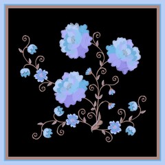 Embroidered floral pattern isolated on black background. Natural ornament for a pocket, pillowcase or napkin. Vector illustration.