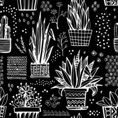 Papier Peint photo autocollant Noir et blanc Modèle sans couture avec plantes d& 39 intérieur en pots et ornements décoratifs. Illustration vectorielle dessinée à la main.