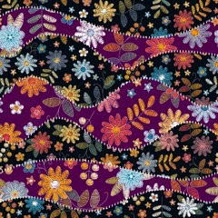 Patchwork seamless pattern. Wavy design from stitched patches with embroidery flowers. Beautiful print for fabric and textile. - 475959580