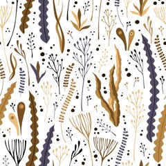 Seamless ornament with brown, purple and black seaweed on a white background. Marine background. Sea vector pattern for fabric, wallpaper. - obrazy, fototapety, plakaty