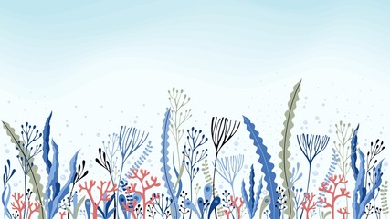 Underwater world. A beautiful endless border with algae, corals, air bubbles rising through the water column. Vector illustration. Marine background. © Happy Dragon