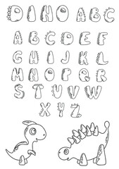 Fototapeta na wymiar English alphabet with dinosaurs. Graphic childrens illustration. Learning and creativity material for poster and colouring page. Hand draw font for your design.