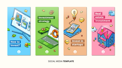 Investment concept banners. Social media template for financial content, invest in startup and real estate. Vector posters of finance strategy with isometric computer, house, graph and money