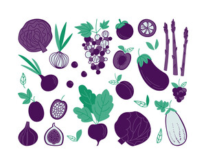 Set of various purple vegetables and fruits in flat style. Violet vegetable products. Vector illustration with cabbage, plum, onion, eggplant, and other plant food