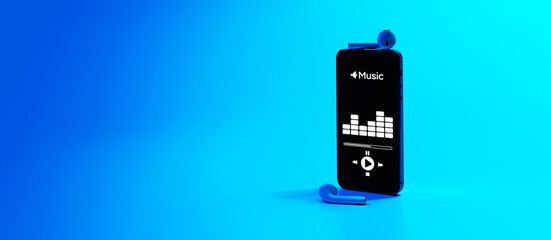 Music concept. Audio beats, sound headphones, music application on mobile smartphone screen. Record...